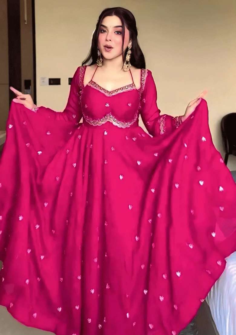 Rani Pink Embroidered Georgette Anarkali Set - Indya