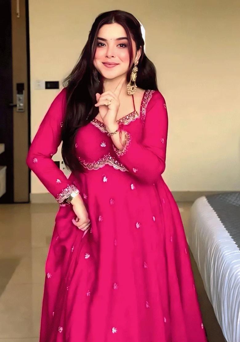 Rani Pink Embroidery Georgette Kurta Set - Indya