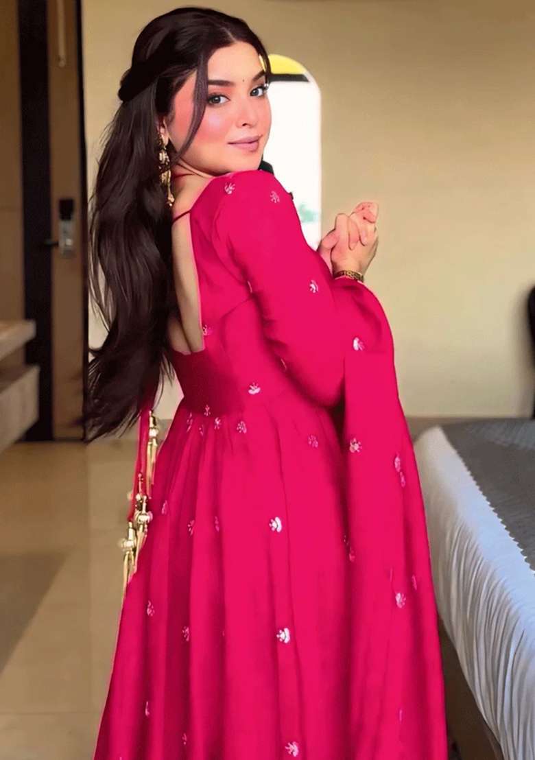 Rani Pink Embroidered Georgette Anarkali Set - Indya