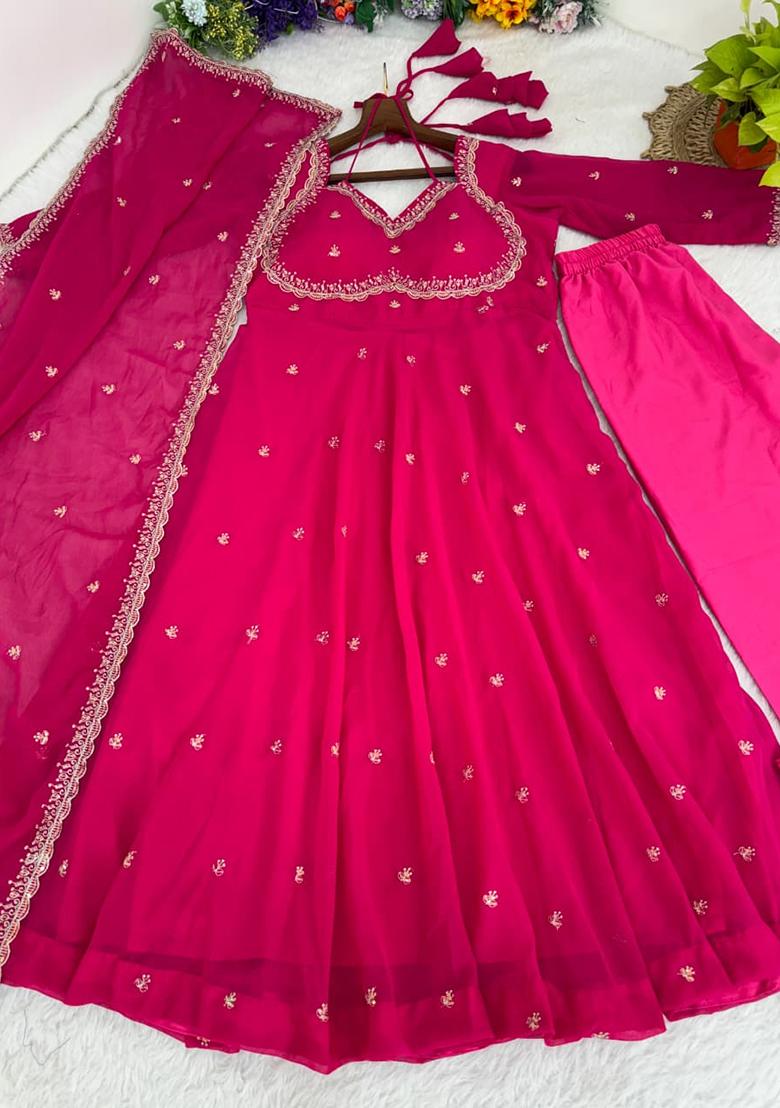 Rani Pink Embroidery Georgette Kurta Set - Indya