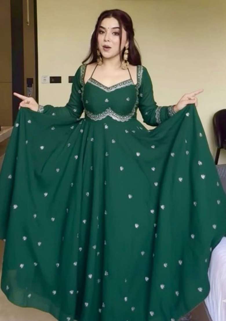 Green Embroidered Georgette Anarkali Set - Indya