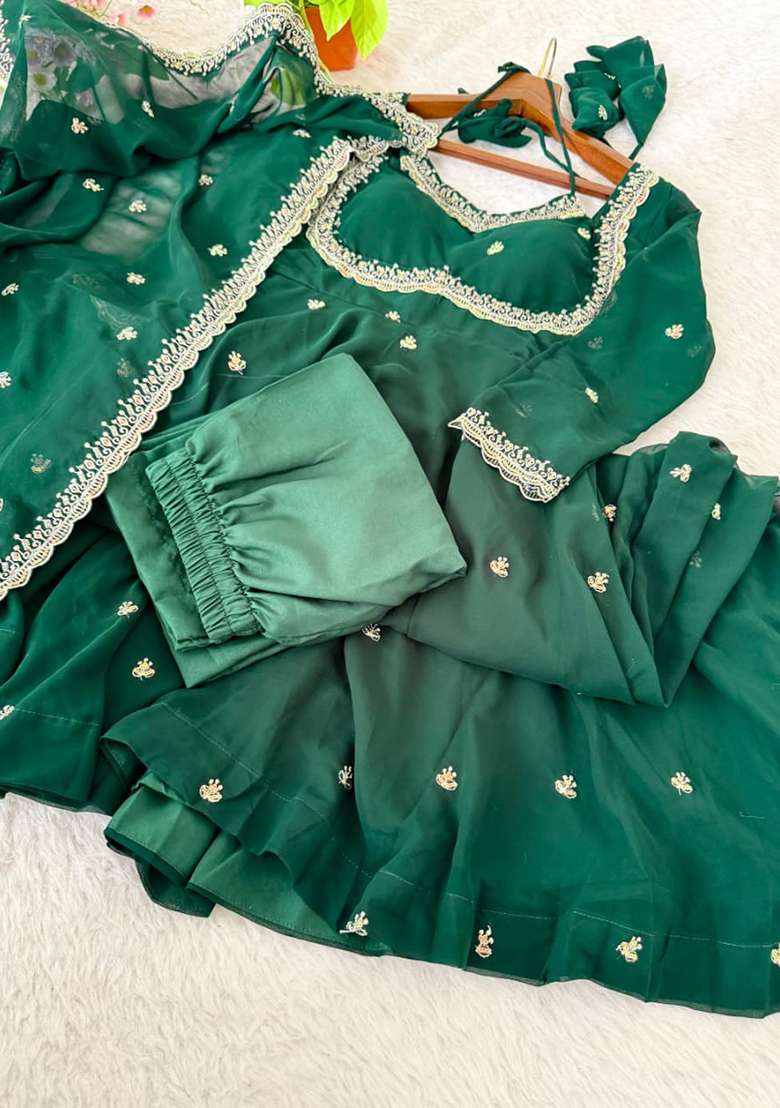 Green Embroidered Georgette Anarkali Set - Indya