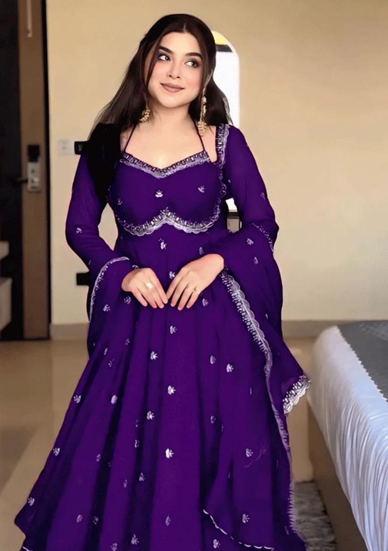 Purple Embroidery Georgette Kurta Set - Indya