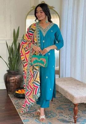 Blue Embroidery Viscose Kurta Set