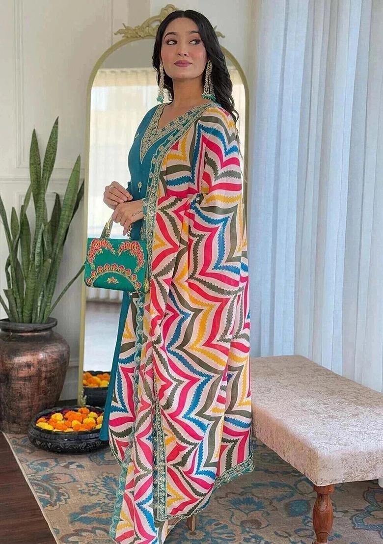 Blue Embroidery Viscose Kurta Set - Indya