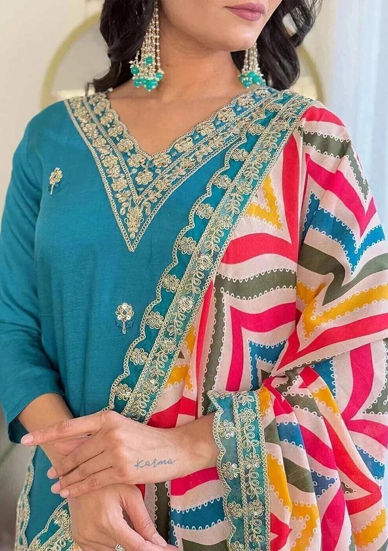 Blue Embroidery Viscose Kurta Set - Indya