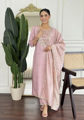 Pink Embroidery Silk Kurta Set