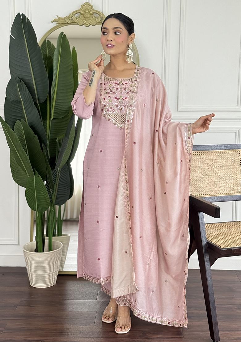 Pink Embroidery Silk Kurta Set - Indya