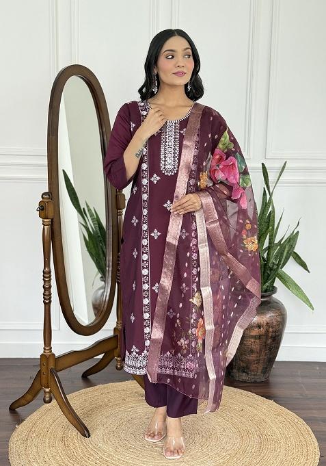 Purple Embroidery Silk Kurta Set
