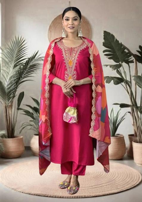 Pink Embroidery Silk Kurta Set