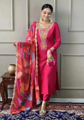Pink Embroidery Viscose Kurta Set