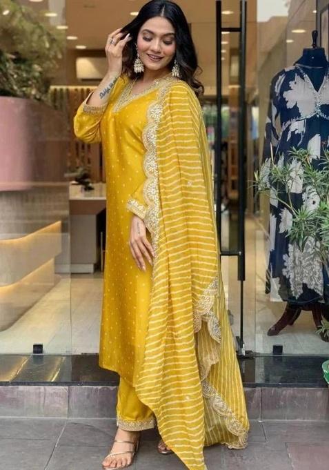 Yellow Embroidery Viscose Kurta Set
