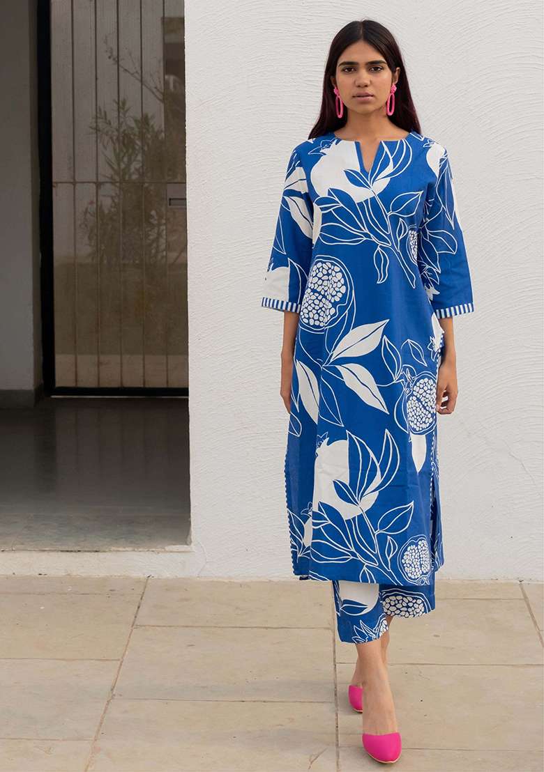 Blue Embroidery Viscose Kurta Set - Indya