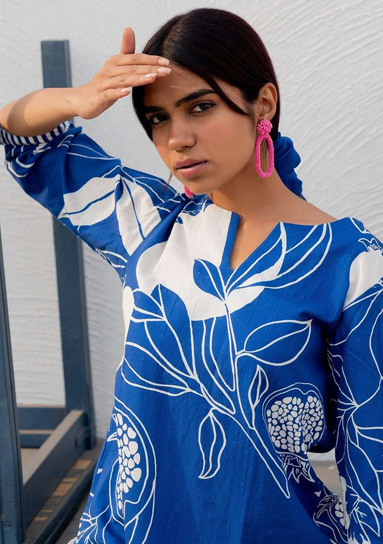 Blue Embroidery Viscose Kurta Set - Indya