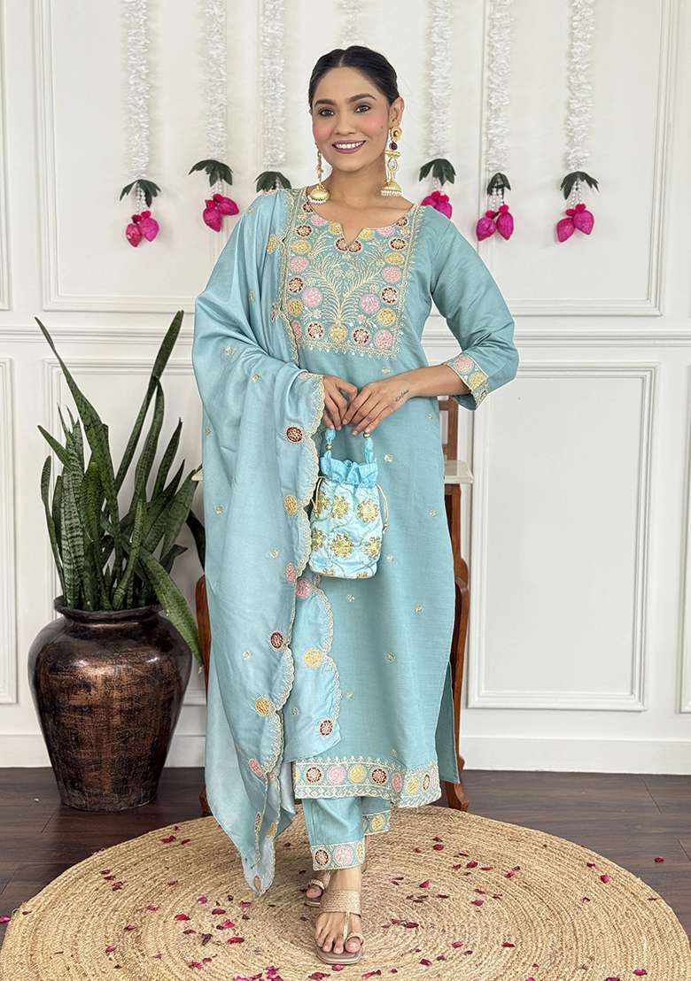 Light Blue Embroidery Silk Kurta Set - Indya