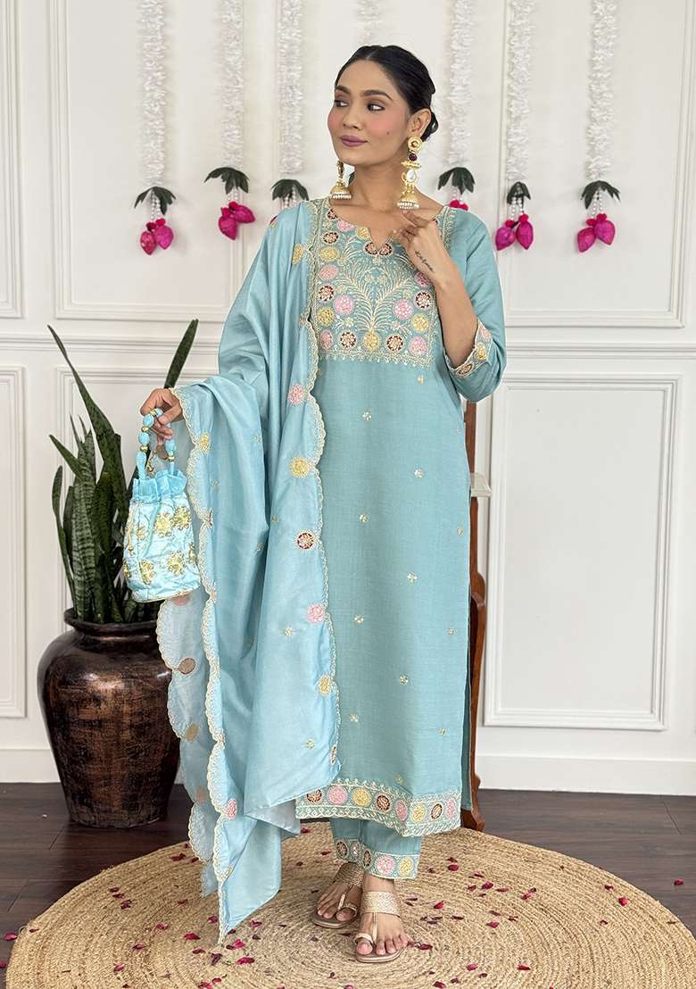 Light Blue Embroidery Silk Kurta Set - Indya