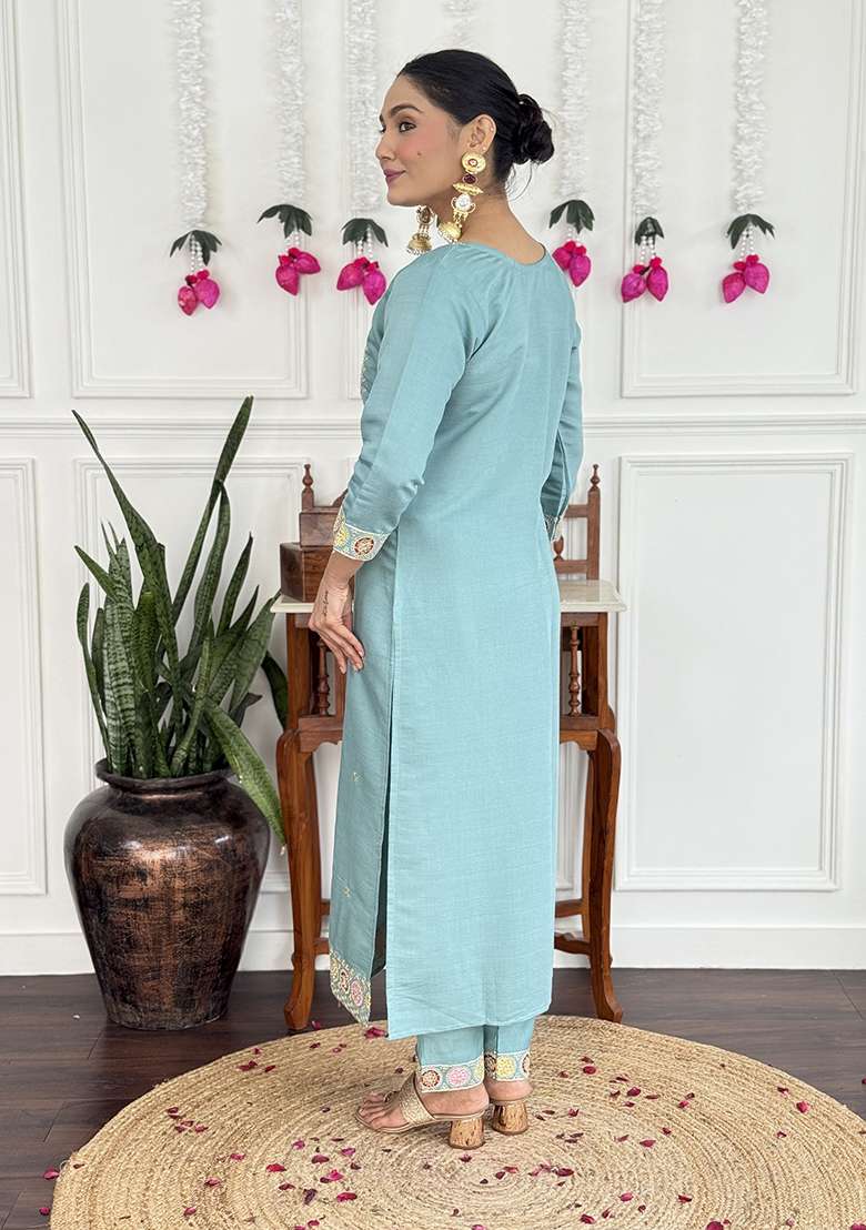 Light Blue Embroidery Silk Kurta Set - Indya