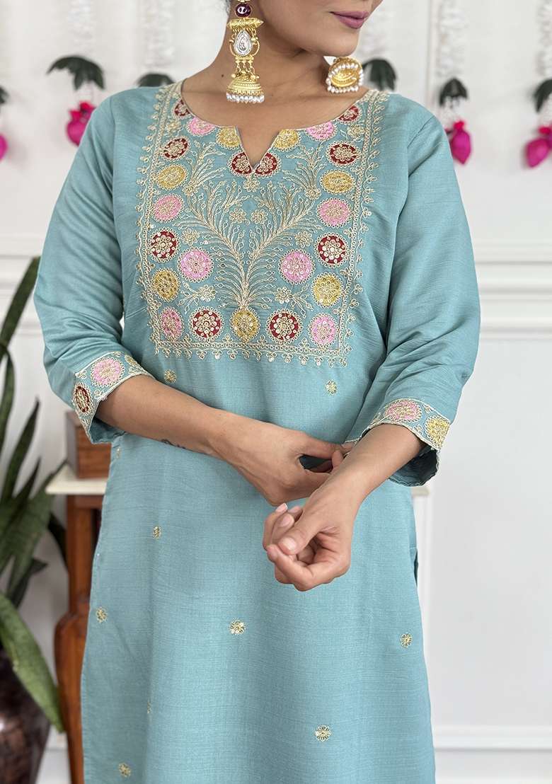 Light Blue Embroidery Silk Kurta Set - Indya
