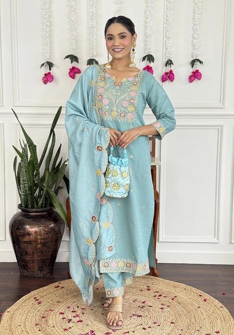 Light Blue Embroidery Silk Kurta Set