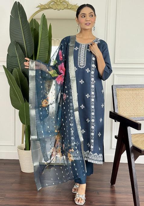 Blue Embroidery Silk Kurta Set