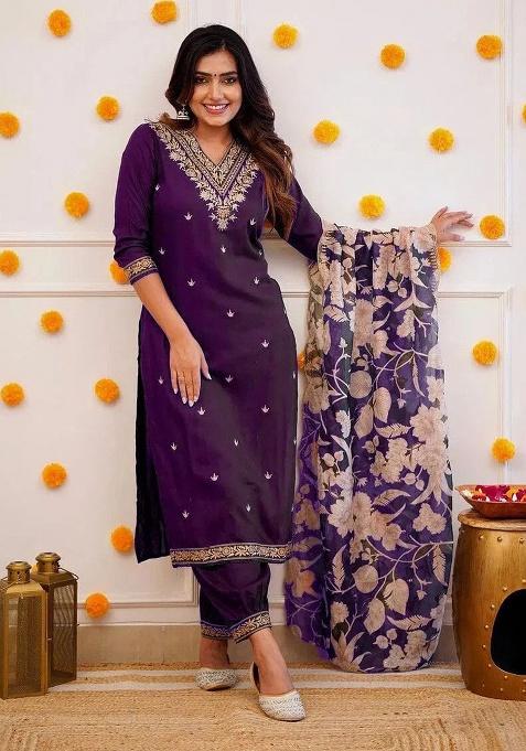 Purple Embroidery Viscose Kurta Set