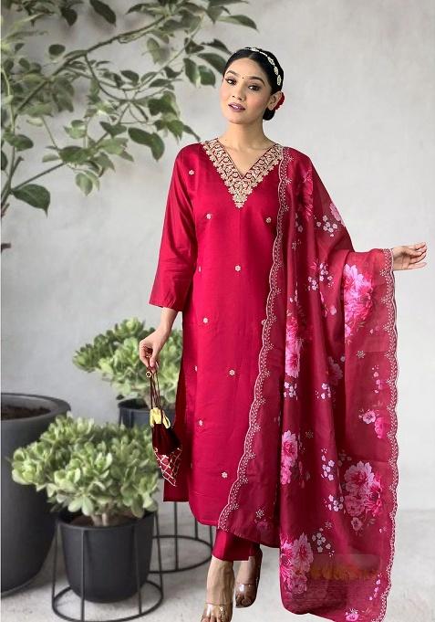 Pink Embroidery Silk Kurta Set
