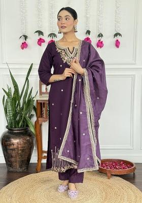 Purple Embroidery Silk Kurta Set