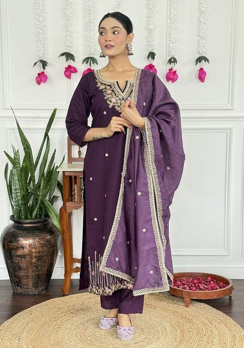 Purple Embroidery Silk Kurta Set