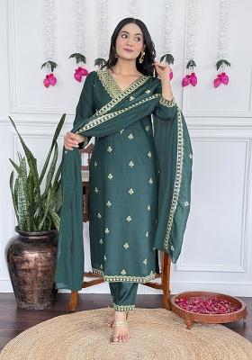 Green Embroidery Silk Kurta Set