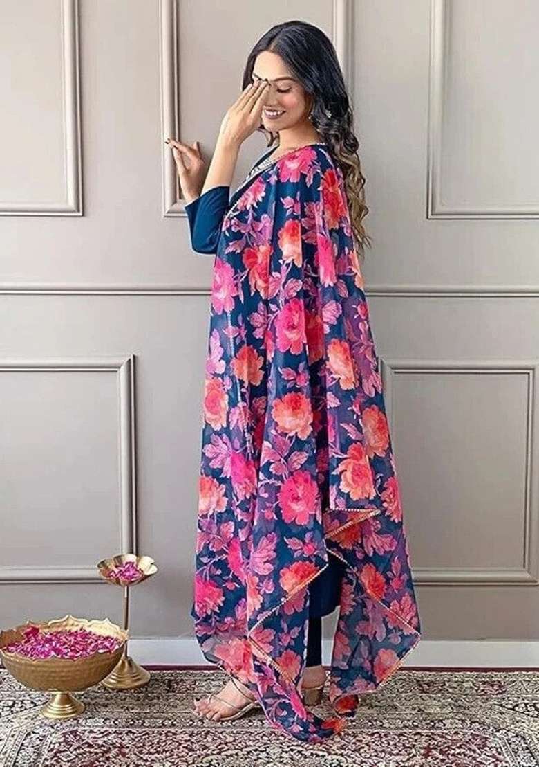 Blue Embroidery Viscose Kurta Set - Indya
