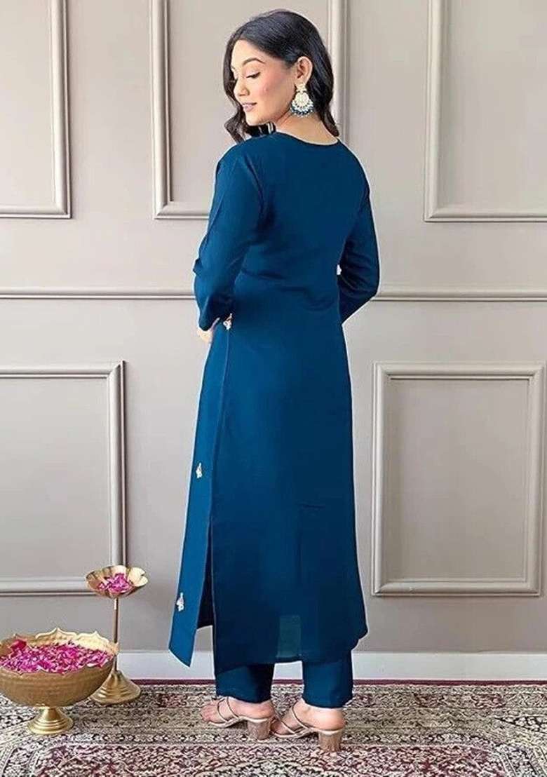 Blue Embroidery Viscose Kurta Set - Indya