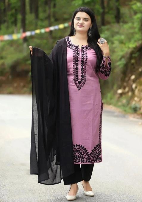 Pink Embroidery Viscose Kurta Set