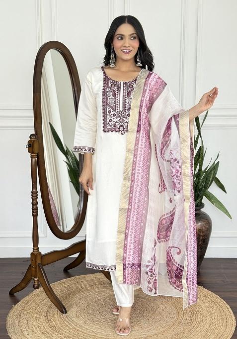 White Embroidery Viscose Kurta Set