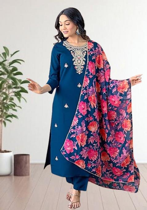 Blue Embroidery Silk Kurta Set