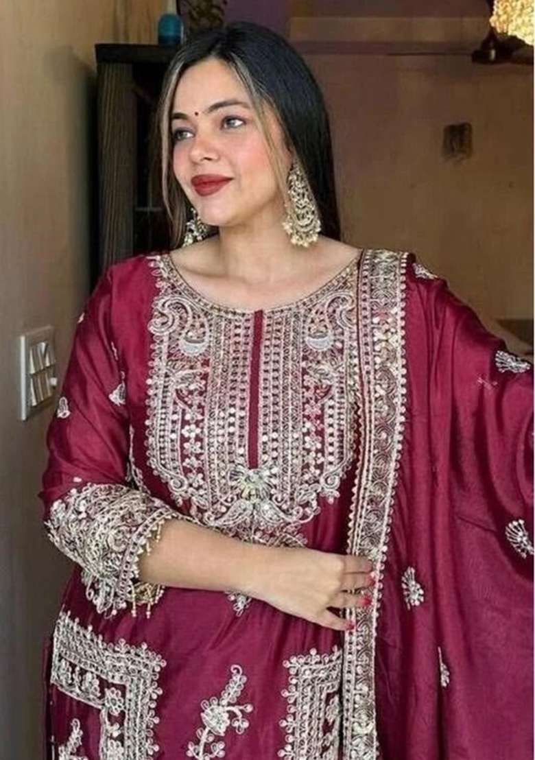 Maroon Embroidery Viscose Kurta Set - Indya