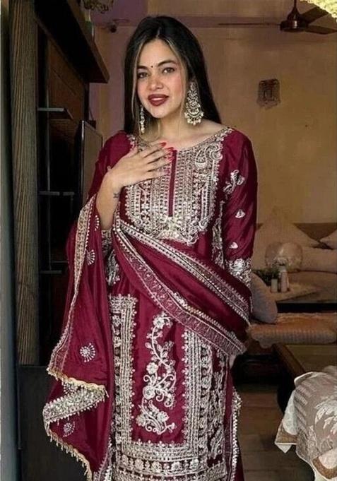 Maroon Embroidery Viscose Kurta Set