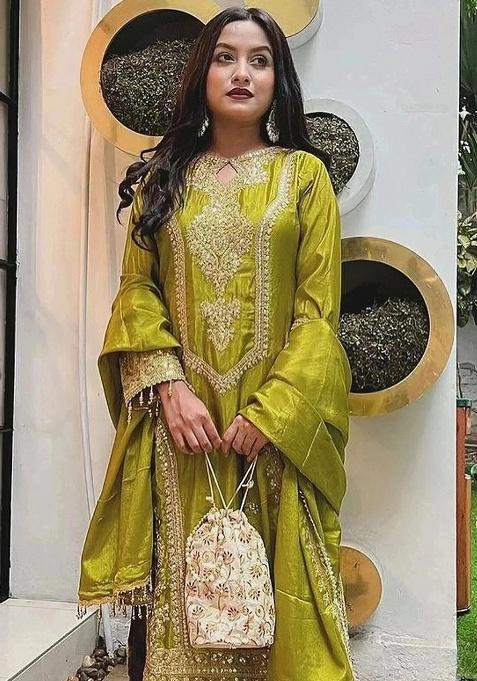 Green Embroidery Silk Kurta Set