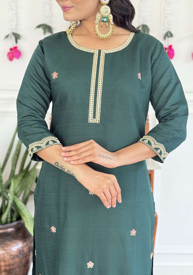 Green Embroidery Viscose Kurta Set - Indya