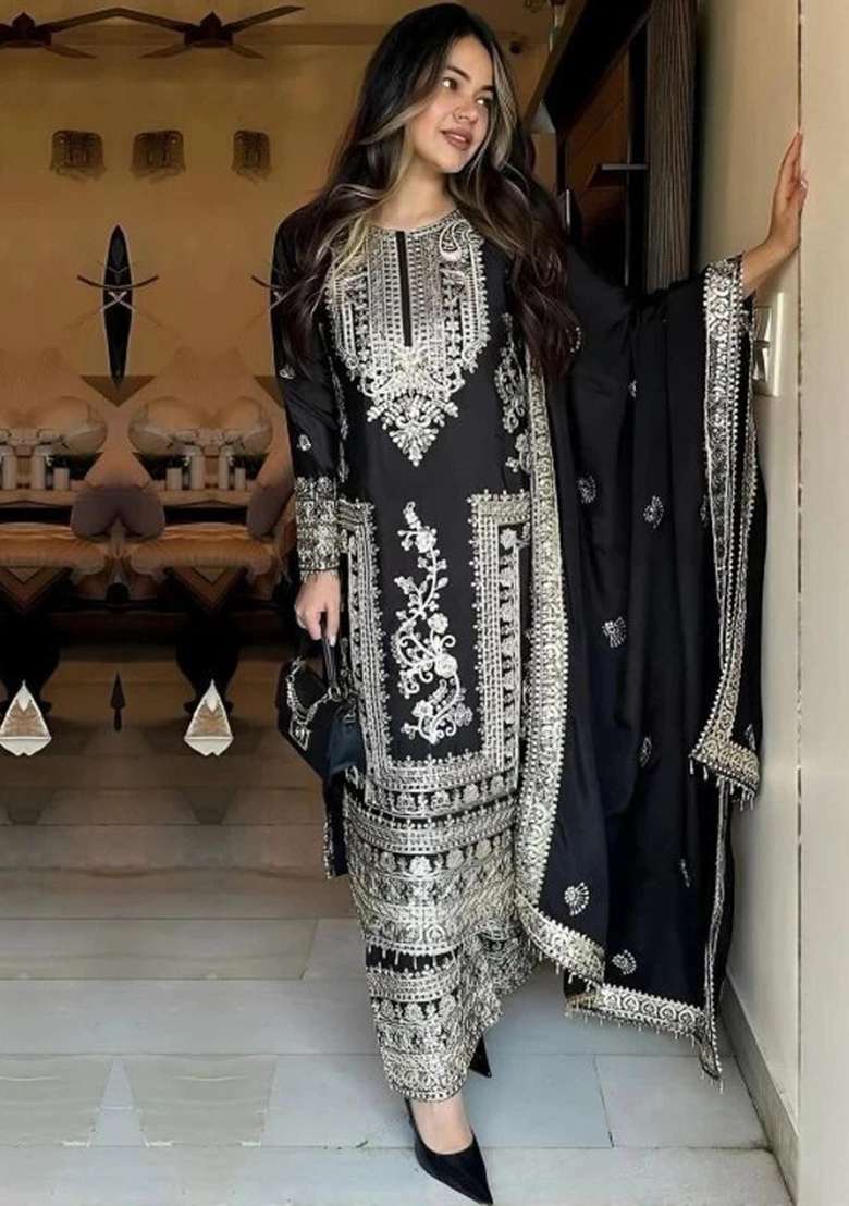 Black Embroidery Viscose Kurta Set - Indya