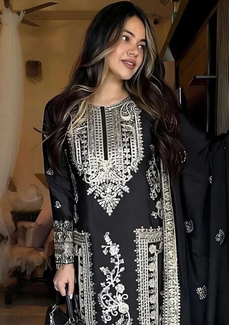 Black Embroidery Viscose Kurta Set - Indya