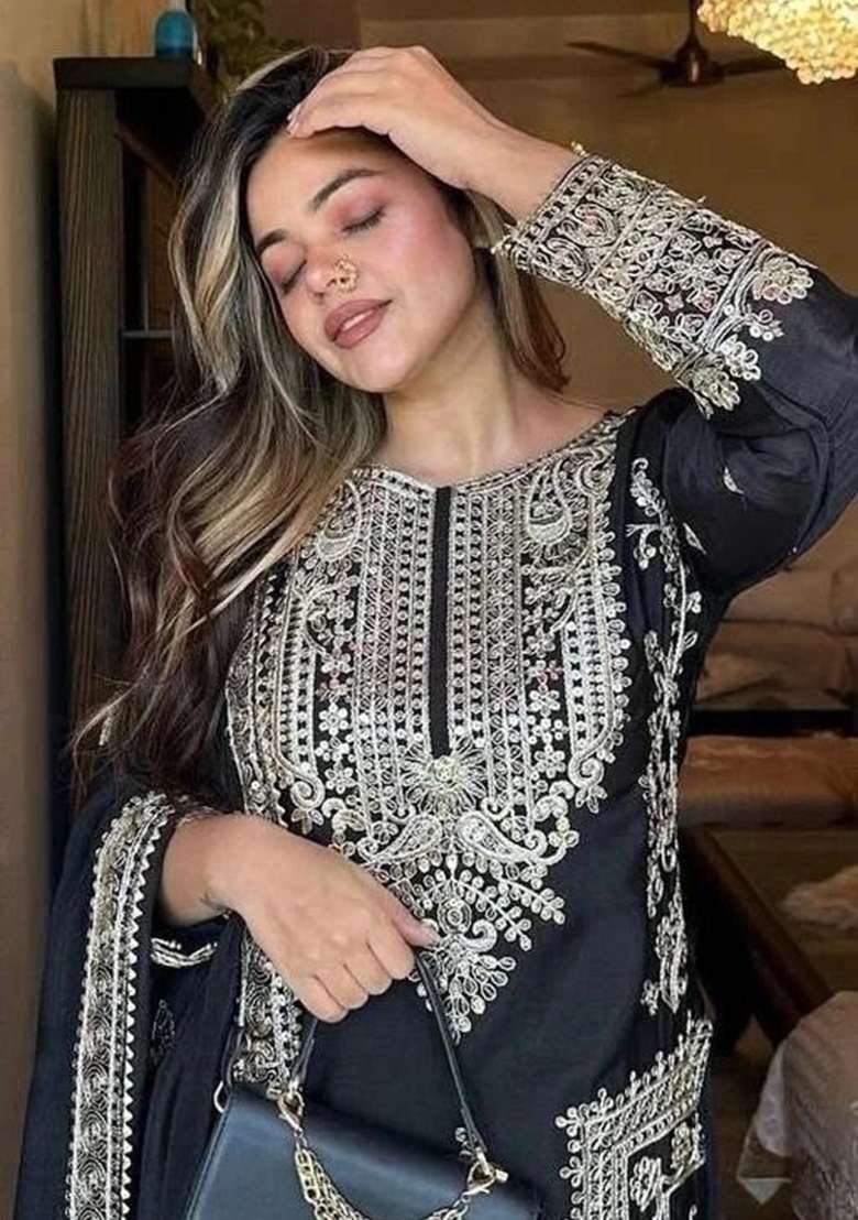 Black Embroidery Viscose Kurta Set - Indya