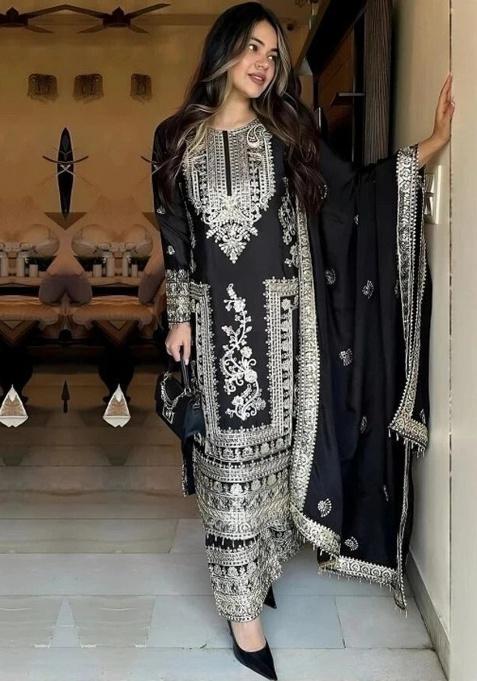 Black Embroidery Viscose Kurta Set