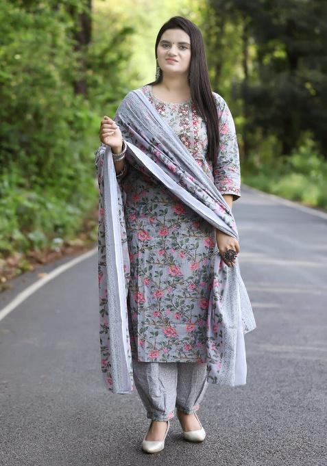 Grey Embroidery Viscose Kurta Set
