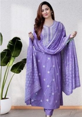 Purple Embroidery Viscose Kurta Set