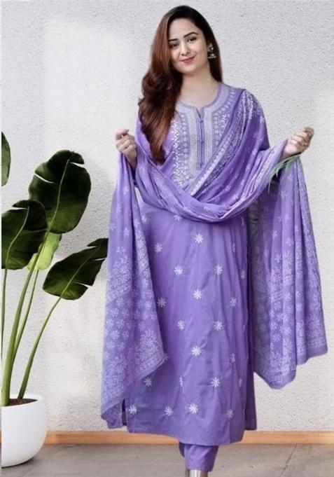 Purple Embroidery Viscose Kurta Set