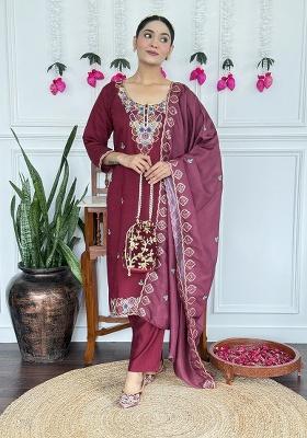 Maroon Embroidery Viscose Kurta Set
