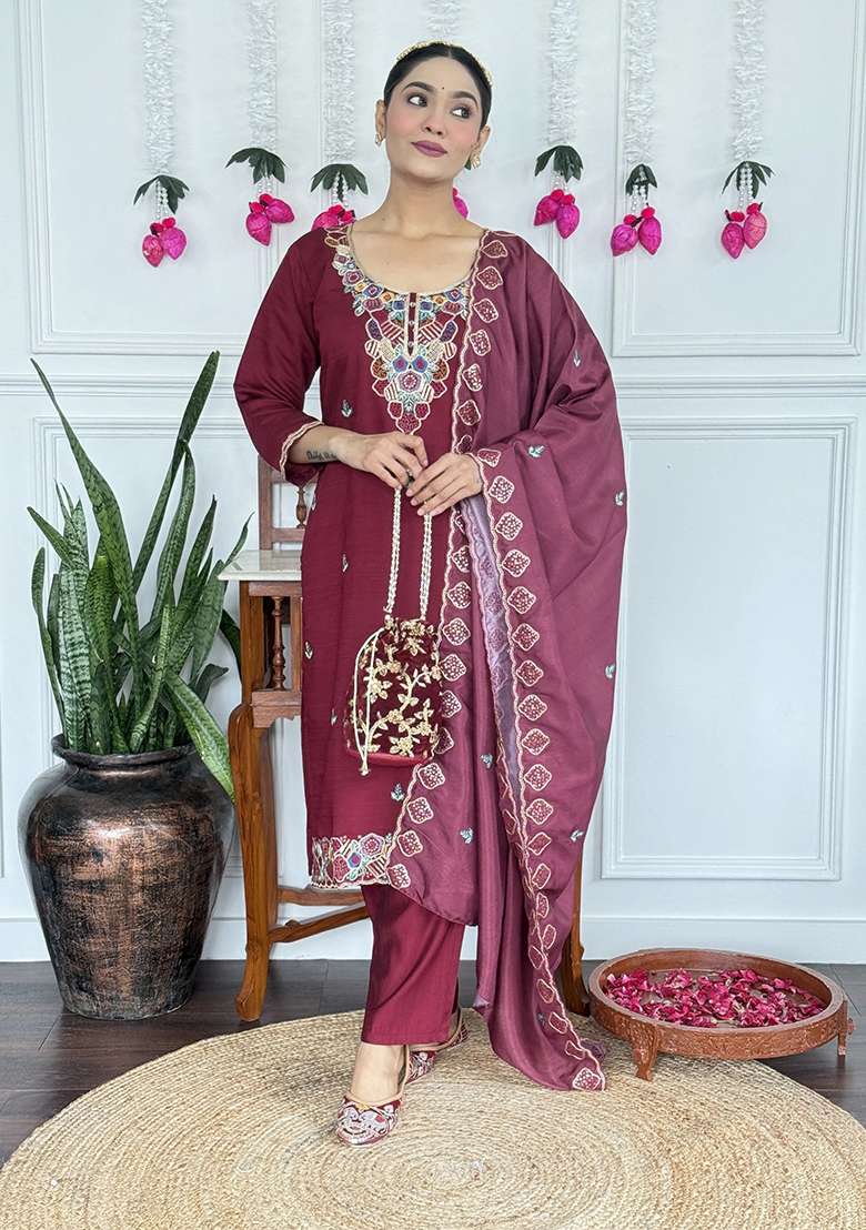 Maroon Embroidery Viscose Kurta Set - Indya