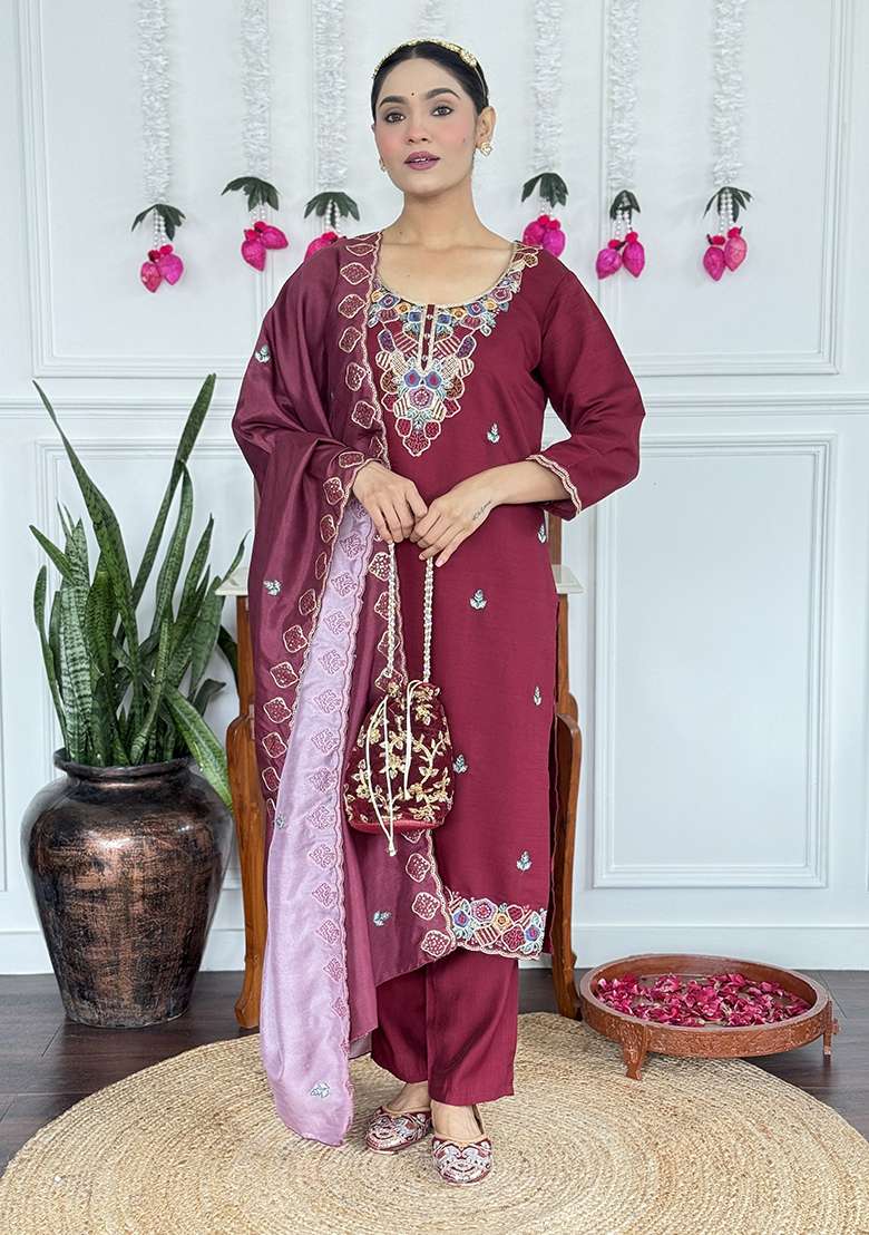 Maroon Embroidery Viscose Kurta Set - Indya