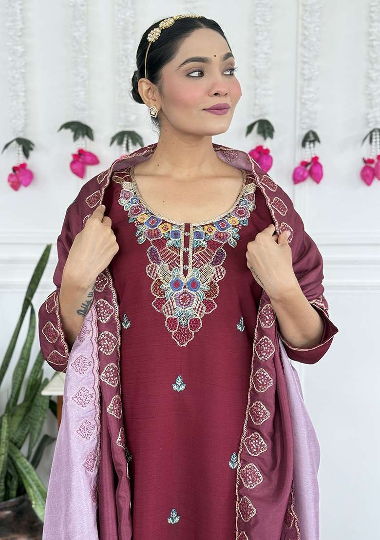 Maroon Embroidery Viscose Kurta Set - Indya