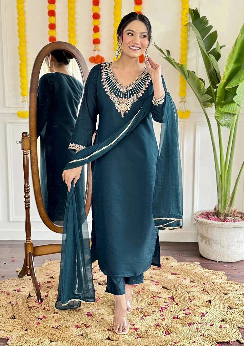 Dark Blue Embroidery Viscose Kurta Set - Indya